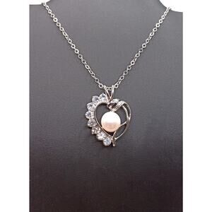 Heart Pendant Necklace with Freshwater Pearl on 24" Stainless Steel Chain